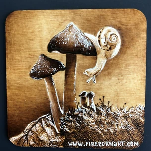 Snail and mushroom Wood Burning Art Pyrography